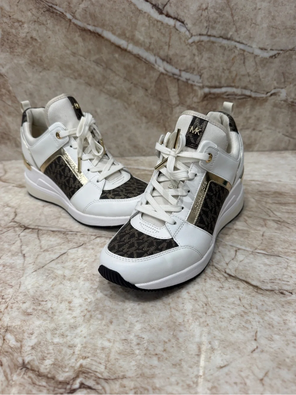 Michael Kors White, Brown & Gold Wedge Sneakers